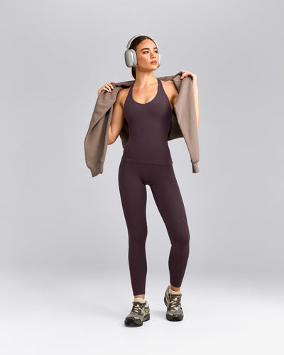 SoftMotion™ Racer Back Tank Top with Built in Bra Shelf with Gray Logo | Dark Umber Brown