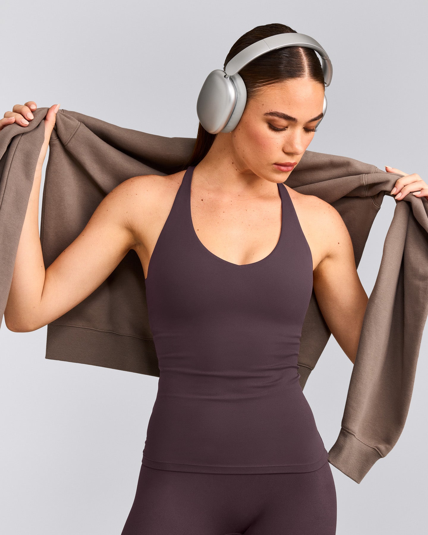SoftMotion™ Racer Back Tank Top with Built in Bra Shelf with Gray Logo | Dark Umber Brown