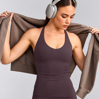 SoftMotion™ Racer Back Tank Top with Built in Bra Shelf with Gray Logo | Dark Umber Brown