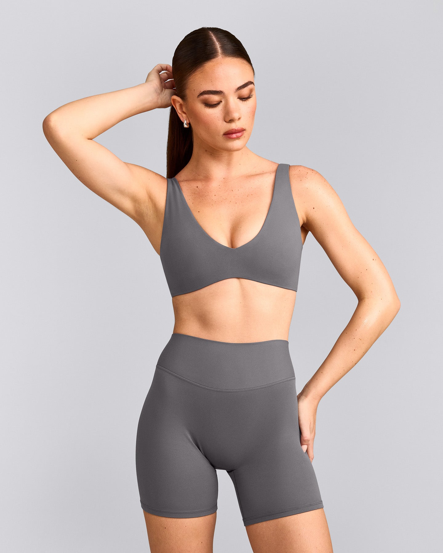 SoftMotion™ Scoop Back Bralette with Grey Logo | Ash Grey