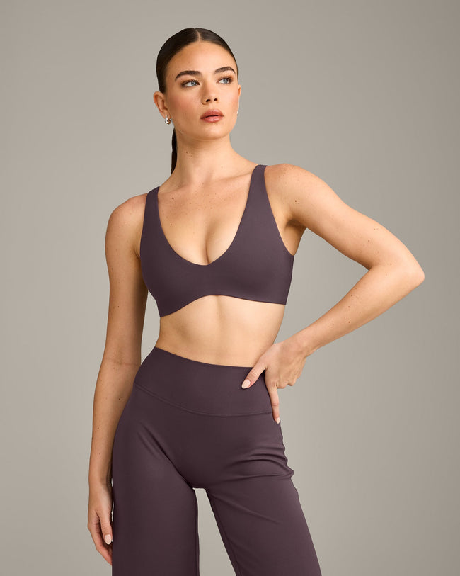 SoftMotion™ Scoop Back Bralette with Grey Logo | Dark Umber Brown