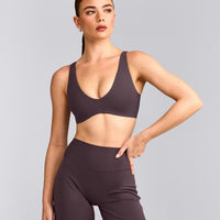 SoftMotion™ Scoop Back Bralette with Gray Logo | Dark Umber Brown