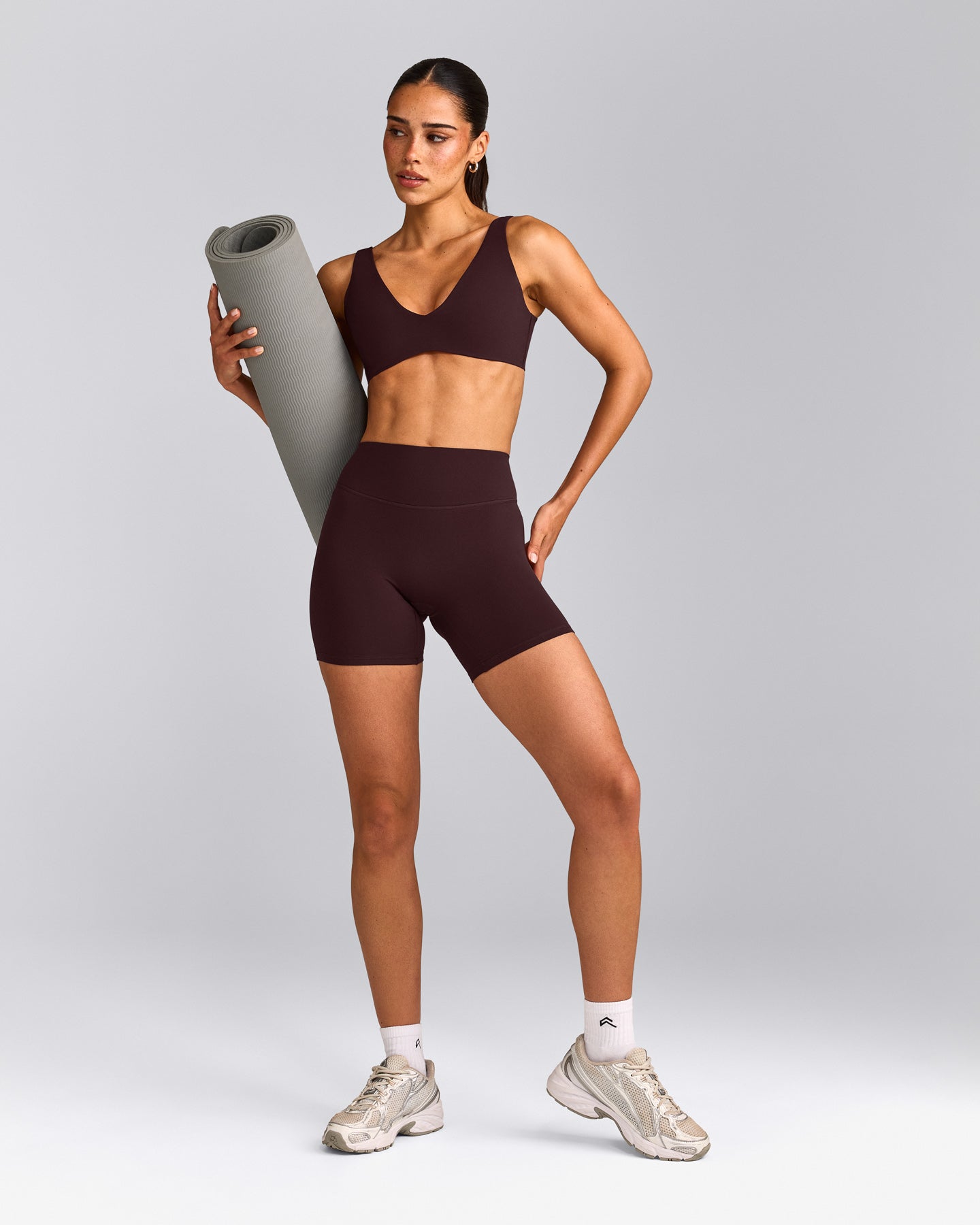 SoftMotion™ Scoop Back Bralette with Grey Logo | Plum Brown