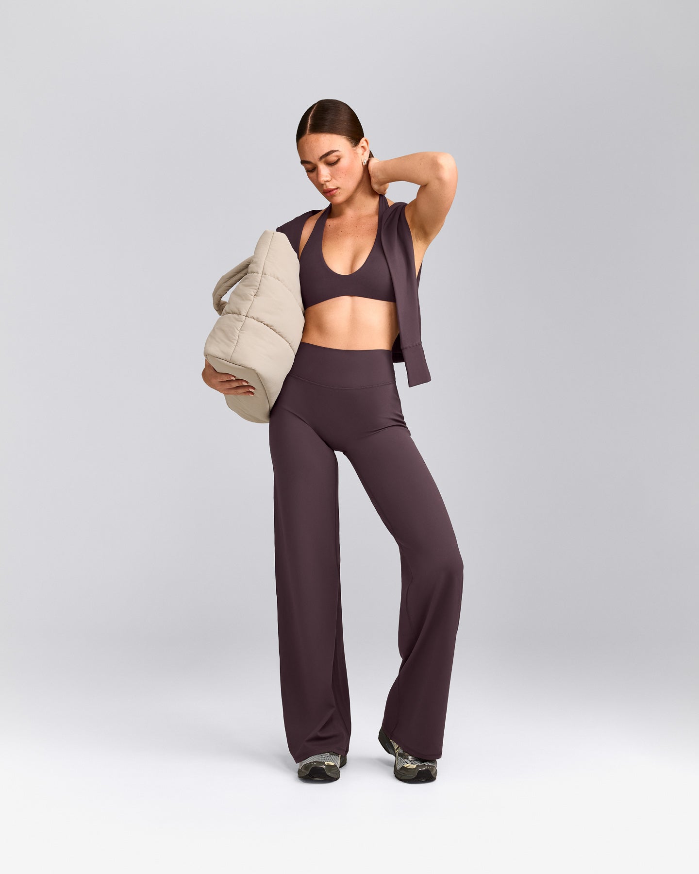 SoftMotion™ Straight Leg Pants with Gray Logo | Dark Umber Brown
