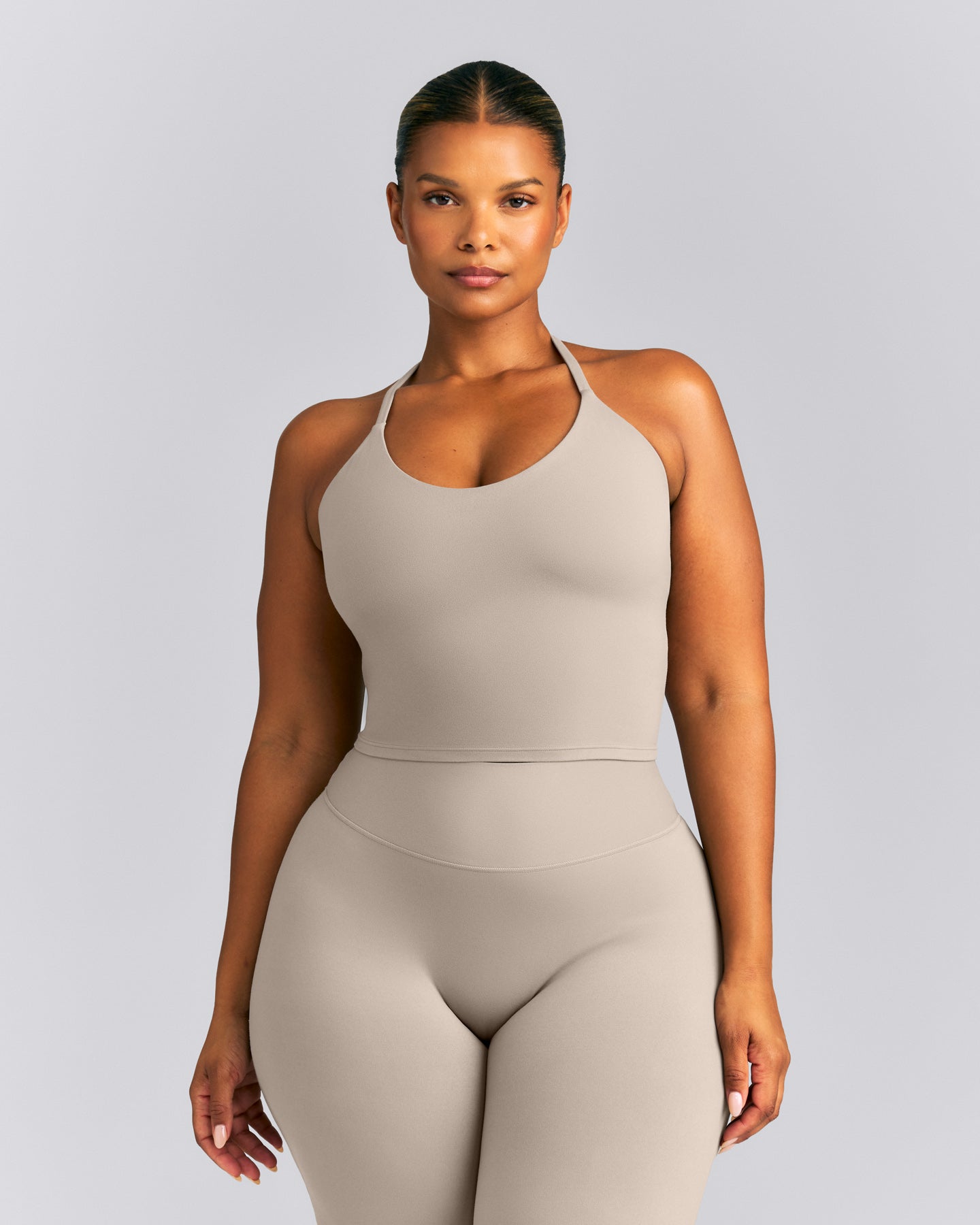 SoftMotion™ Strappy Halter Neck Mid Tank Top with Built in Bra Shelf | Warm Sand