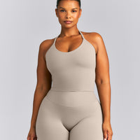 SoftMotion™ Strappy Halter Neck Mid Tank Top with Built in Bra Shelf | Warm Sand