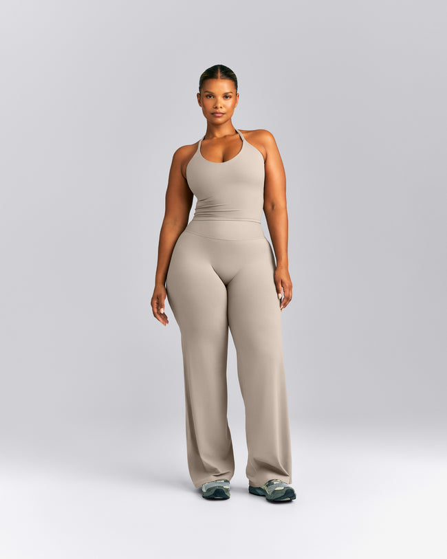 SoftMotion™ Strappy Halter Neck Mid Tank Top with Built in Bra Shelf | Warm Sand