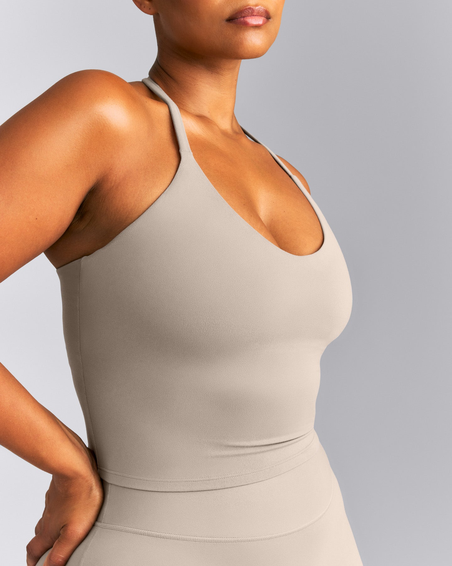 SoftMotion™ Strappy Halter Neck Mid Tank Top with Built in Bra Shelf | Warm Sand