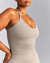 SoftMotion™ Strappy Halter Neck Mid Tank Top with Built in Bra Shelf | Warm Sand