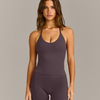 SoftMotion™ Strappy Halter Neck Vest with Built in Shelf with Grey Logo | Dark Umber Brown
