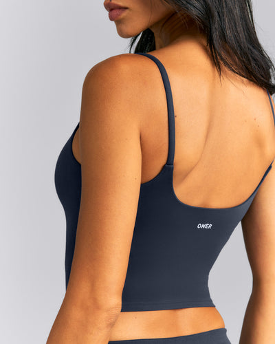 SoftMotion™ Strappy Mid Tank Top with Built in Bra Shelf New Branding | True Blue