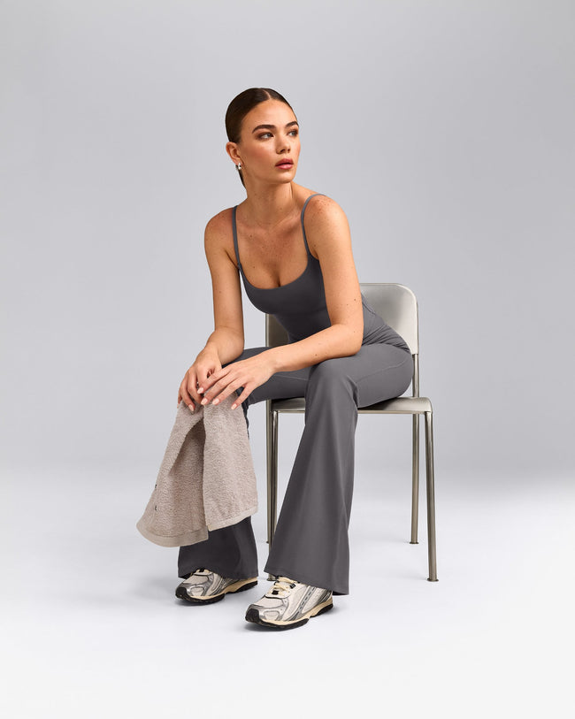 SoftMotion™ Strappy Mid Tank Top with Built in Bra Shelf with Gray Logo | Ash Gray