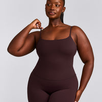 SoftMotion™ Strappy Mid Tank Top with Built in Bra Shelf with Gray Logo | Plum Brown