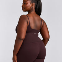 SoftMotion™ Strappy Mid Tank Top with Built in Bra Shelf with Gray Logo | Plum Brown