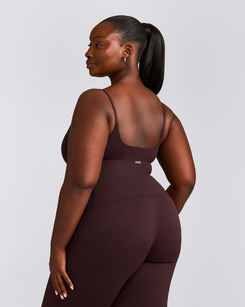 SoftMotion™ Strappy Mid Tank Top with Built in Bra Shelf with Gray Logo | Plum Brown