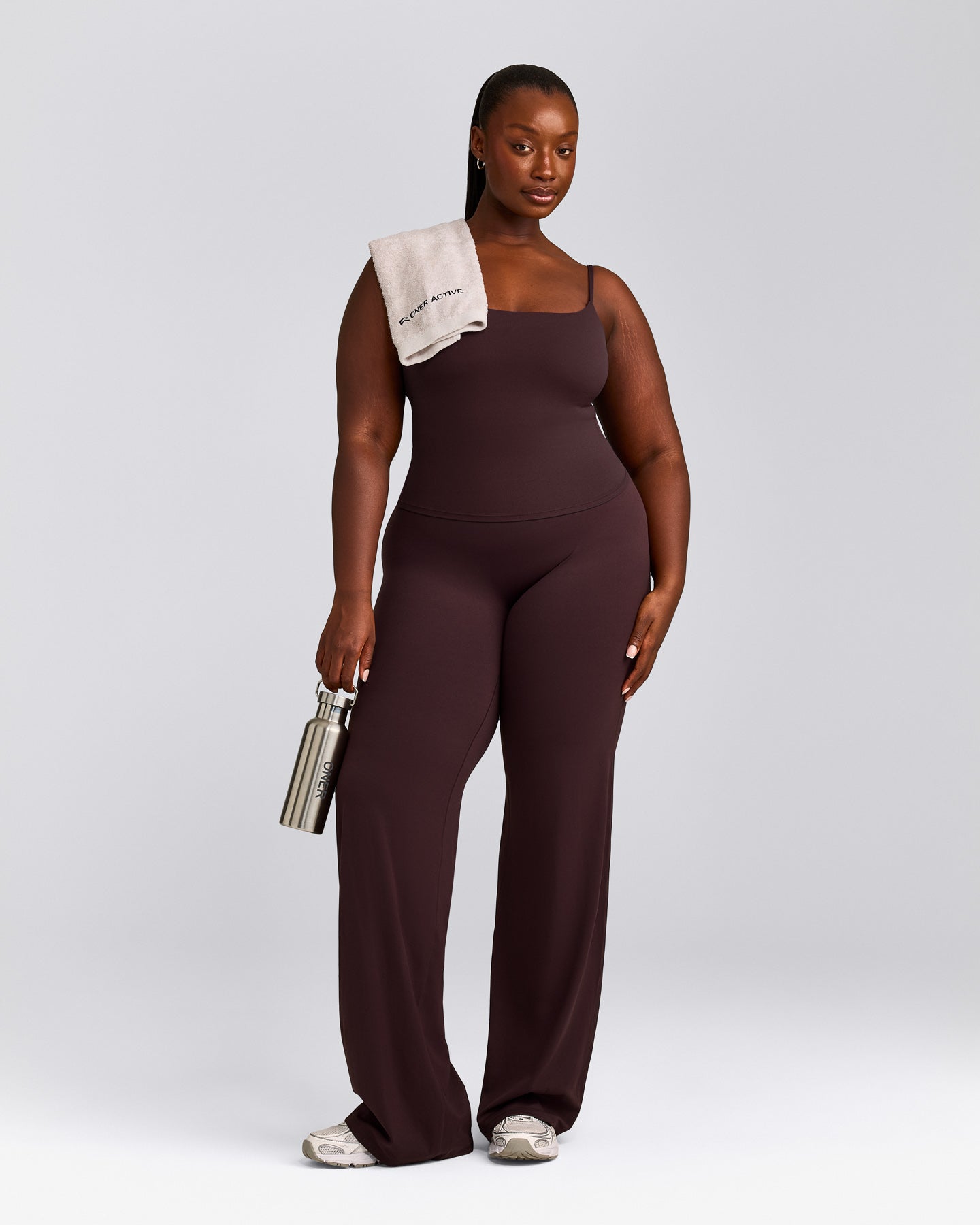 SoftMotion™ Strappy Mid Tank Top with Built in Bra Shelf with Gray Logo | Plum Brown