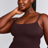 SoftMotion™ Strappy Mid Tank Top with Built in Bra Shelf with Gray Logo | Plum Brown