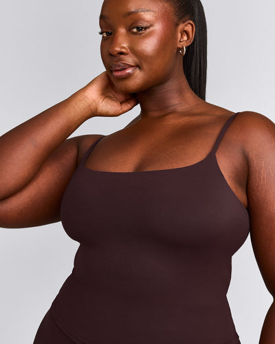 SoftMotion™ Strappy Mid Tank Top with Built in Bra Shelf with Gray Logo | Plum Brown