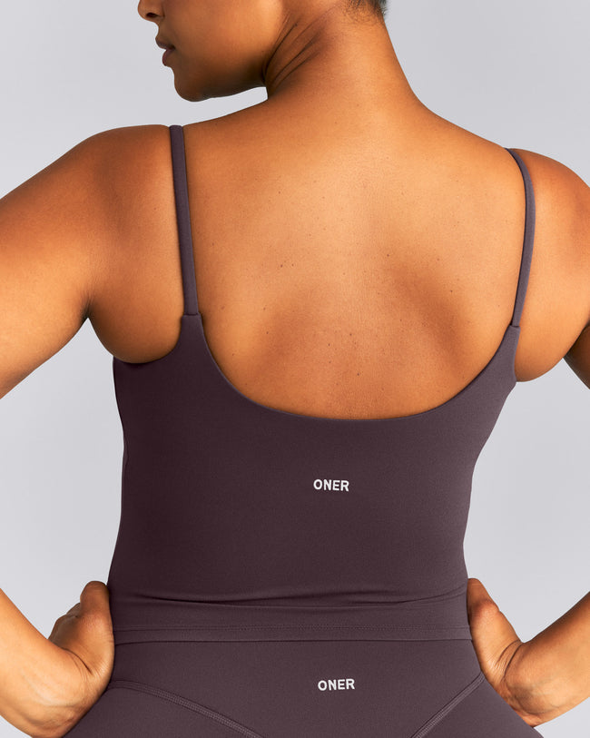 SoftMotion™ Strappy Mid Tank Top with Built in Bra Shelf | Dark Umber Brown