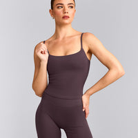 SoftMotion™ Strappy Mid Tank Top with Built in Bra Shelf with Gray Logo | Dark Umber Brown