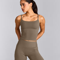 SoftMotion™ Strappy Mid Vest with Built in Bra Shelf with Grey Logo | Moss Brown