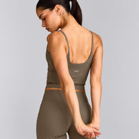 SoftMotion™ Strappy Mid Vest with Built in Bra Shelf with Grey Logo | Moss Brown