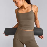 SoftMotion™ Strappy Mid Vest with Built in Bra Shelf with Grey Logo | Moss Brown