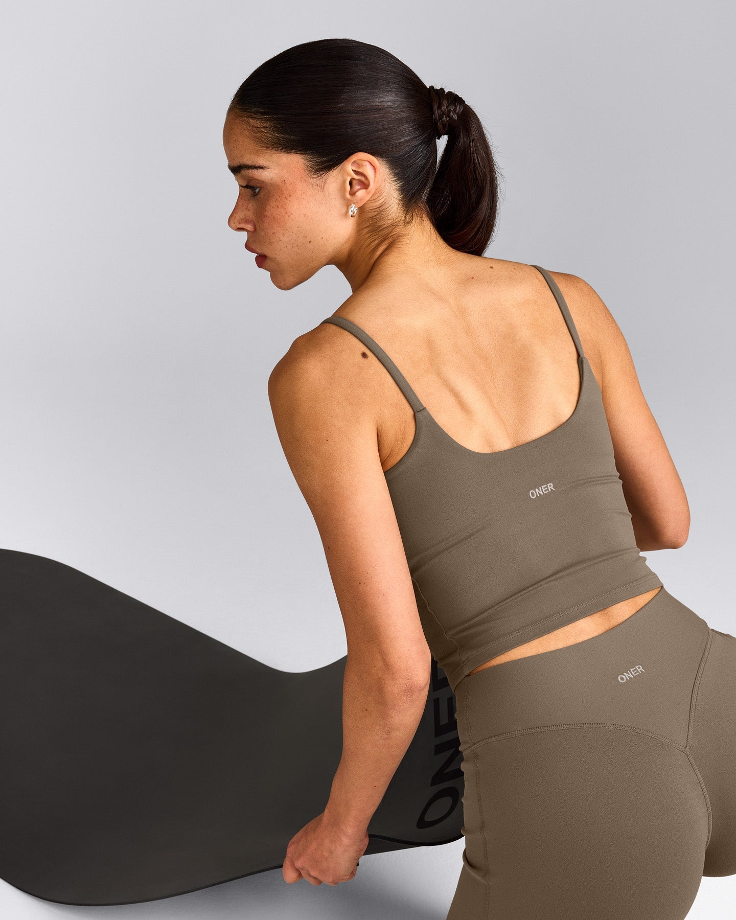 SoftMotion™ Strappy Mid Vest with Built in Bra Shelf with Grey Logo | Moss Brown