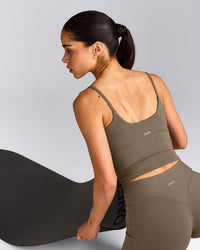SoftMotion™ Strappy Mid Vest with Built in Bra Shelf with Grey Logo | Moss Brown