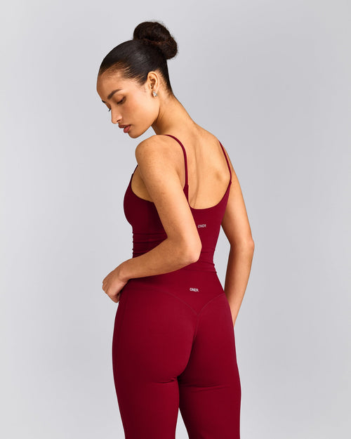 SoftMotion™ Strappy Mid Tank Top with Built in Bra Shelf with Gray Logo | Ruby Red