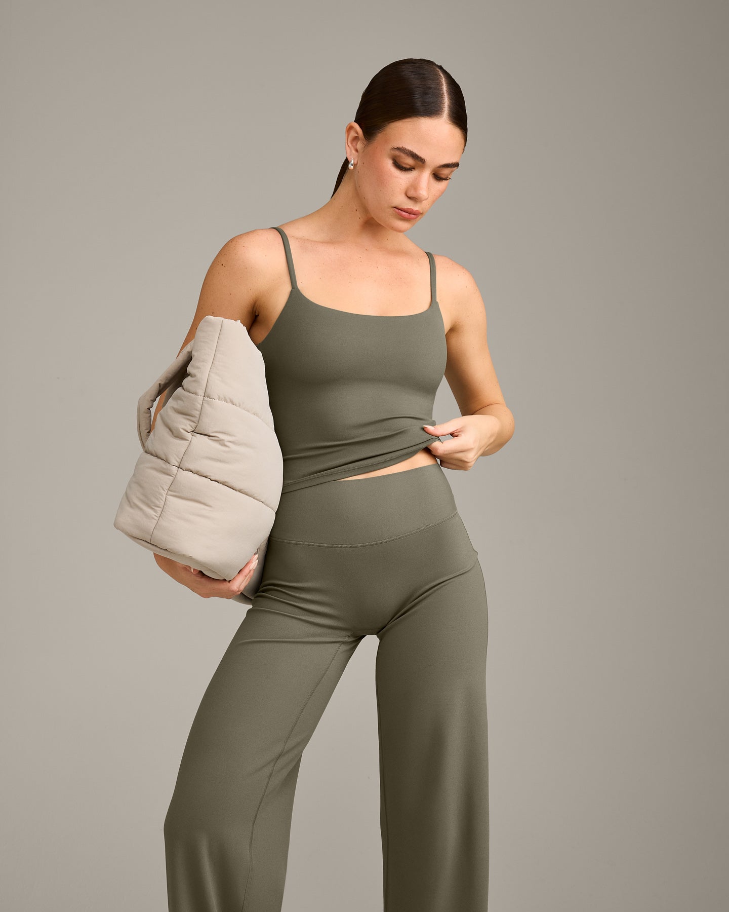 SoftMotion™ Strappy Mid Vest with Built in Bra Shelf with Grey Logo | Alpine Green