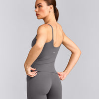 SoftMotion™ Strappy Tank Top with Built in Bra Shelf with Gray Logo | Ash Gray