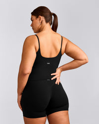 SoftMotion™ Strappy Tank Top with Built in Bra Shelf with Gray Logo | Black