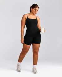SoftMotion™ Strappy Tank Top with Built in Bra Shelf with Gray Logo | Black
