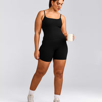 SoftMotion™ Strappy Tank Top with Built in Bra Shelf with Gray Logo | Black
