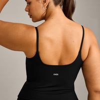 SoftMotion™ Strappy Vest with Built in Bra Shelf with Grey Logo | Black