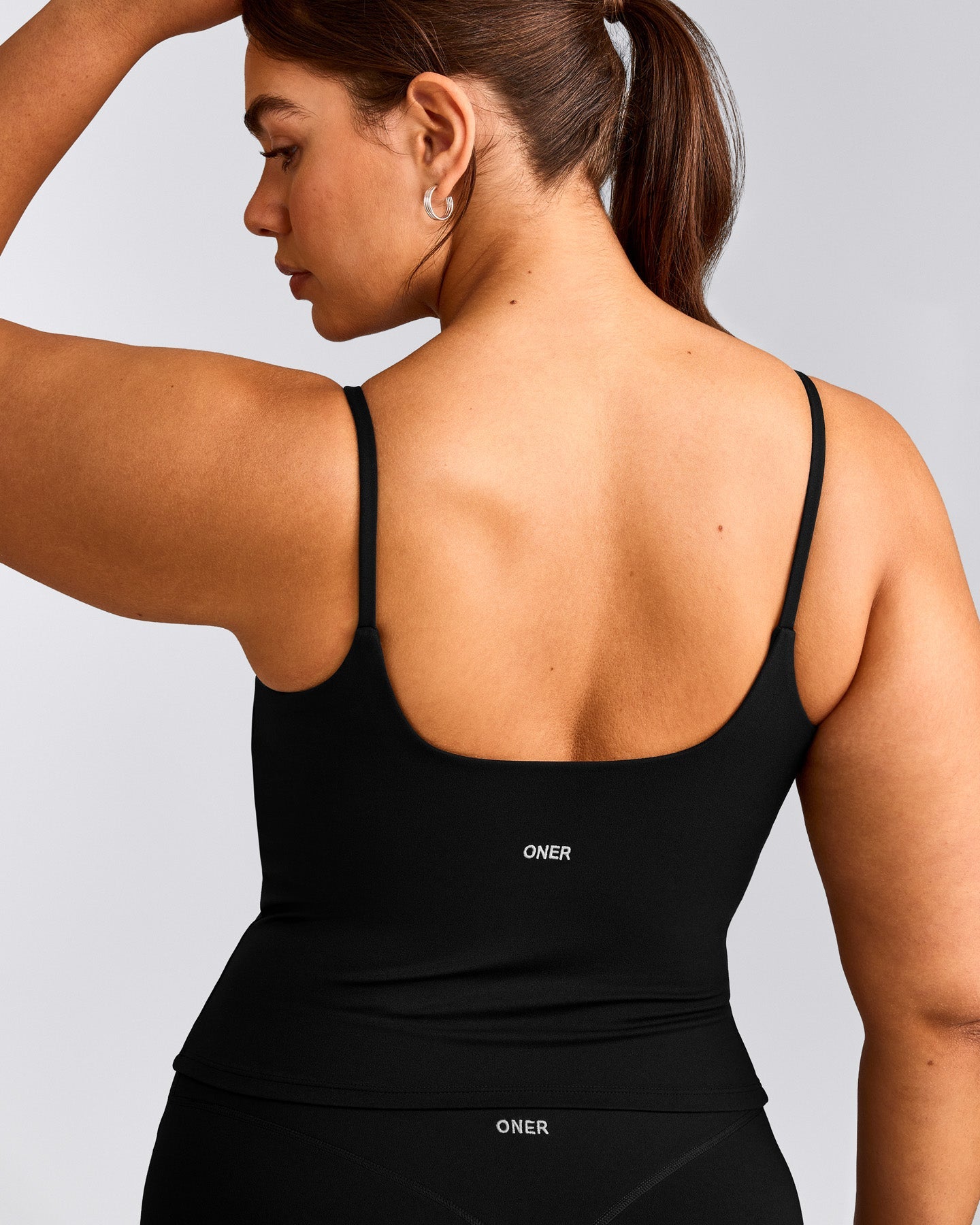 SoftMotion™ Strappy Tank Top with Built in Bra Shelf with Gray Logo | Black