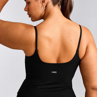 SoftMotion™ Strappy Tank Top with Built in Bra Shelf with Gray Logo | Black