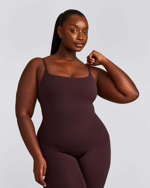 SoftMotion™ Strappy Tank Top with Built in Bra Shelf with Gray Logo | Plum Brown