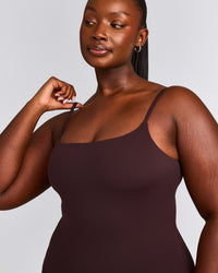 SoftMotion™ Strappy Vest with Built in Bra Shelf with Grey Logo | Plum Brown
