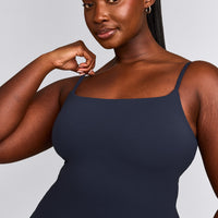 SoftMotion™ Strappy Tank Top with Built in Bra Shelf with Gray Logo | True Blue