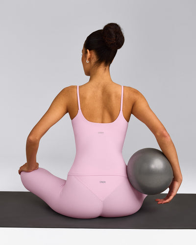 SoftMotion™ Strappy Tank Top with Built in Bra Shelf with Gray Logo | Chalk Pink