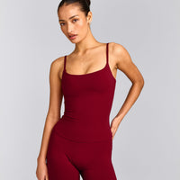 SoftMotion™ Strappy Tank Top with Built in Bra Shelf with Gray Logo | Ruby Red