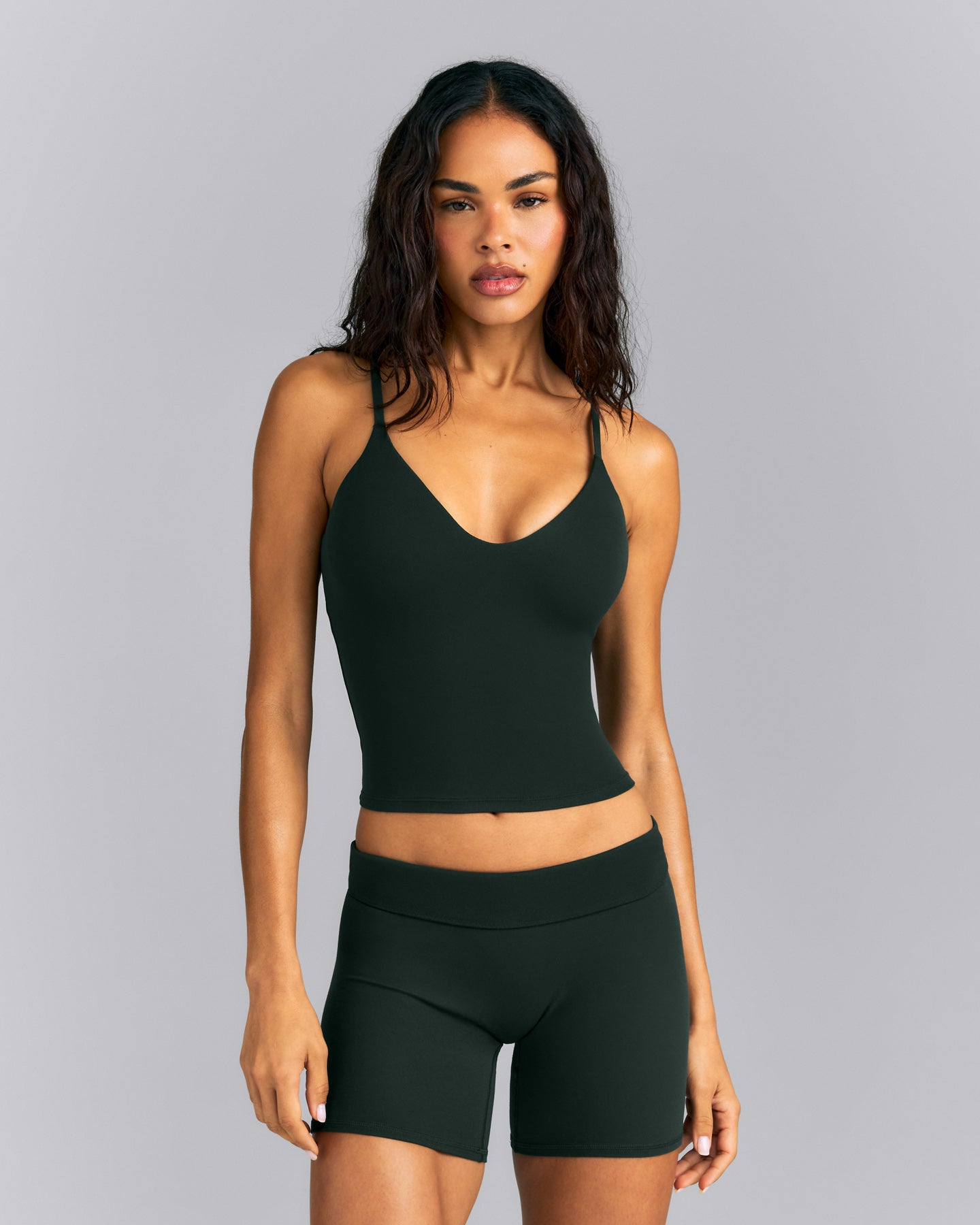 SoftMotion™ Adjustable V Neck Mid Tank Top with Built in Bra Shelf | Emerald Noir
