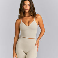 SoftMotion™ Adjustable V Neck Mid Tank Top with Built in Bra Shelf | Oatmeal