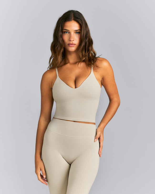 SoftMotion™ Adjustable V Neck Mid Tank Top with Built in Bra Shelf | Oatmeal