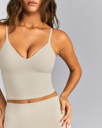 SoftMotion™ Adjustable V Neck Mid Tank Top with Built in Bra Shelf | Oatmeal