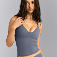 SoftMotion™ Adjustable V Neck Tank Top with Built in Bra Shelf | Granite Blue