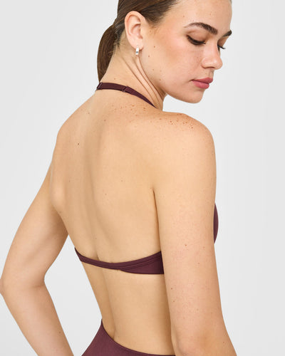 EnhanceLift™ Seamless Minimal Halter Neck Bralette with White Logo | Velvet Mocha