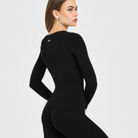 SoftMotion™ Scoop Neck Long Sleeve Top with Built in Bra Shelf with White Logo | Black